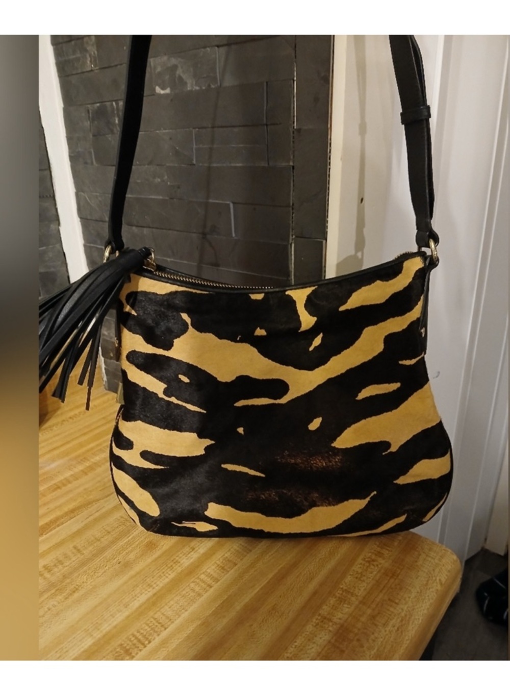 henri bendel Black and Tan Animal Print Crossbody Bag